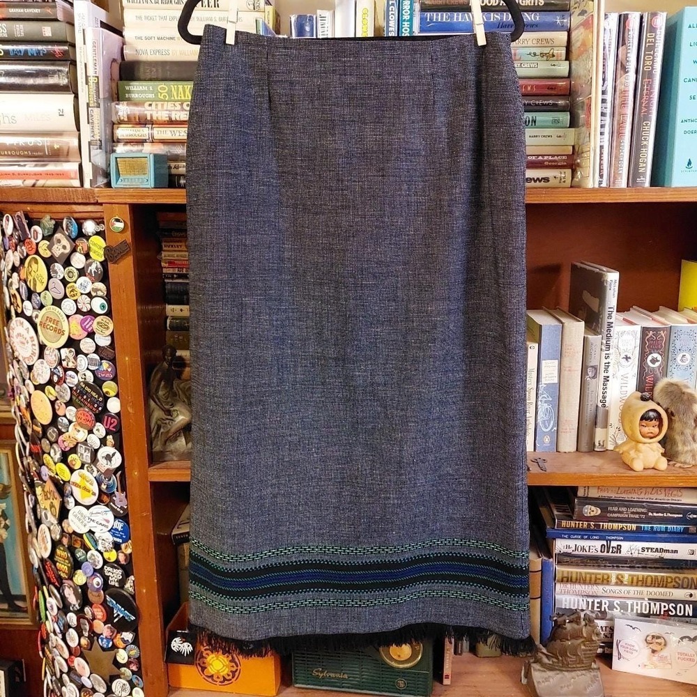 Vintage Simply Russell Grey Stripe Fringe Midi Skirt 90s Made‎ in Canada Medium